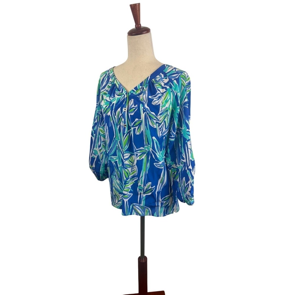 Lilly Pulitzer Bamboo 100% Silk Blouse Top Roll Tab Sleeve Blue Green Size Small